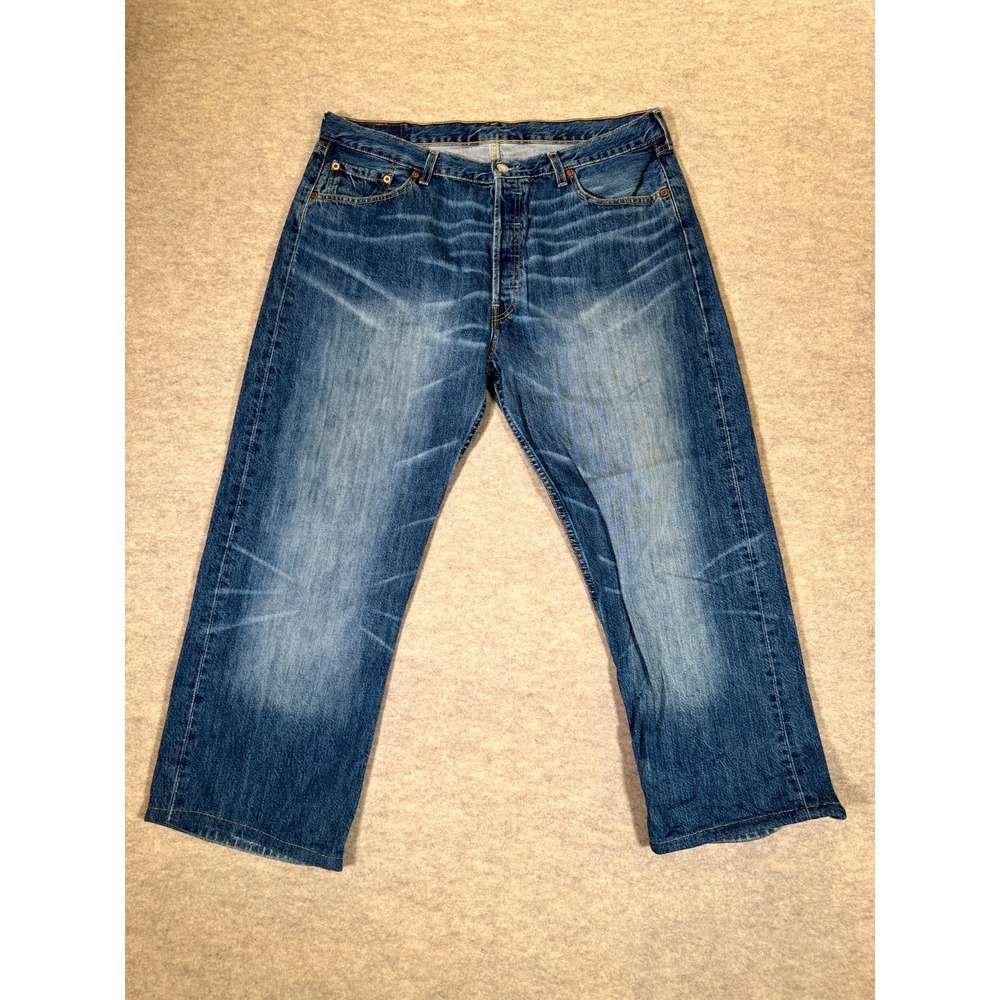 Levis 501 Jeans Mens 38x34 Blue Whiskering Denim‎ Cotton Button Fly Straight Leg